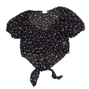 Ember Crop Top L Navy Button Up Blouse‎ Turtles Snails Sheer Front Tie Vtg Y2K